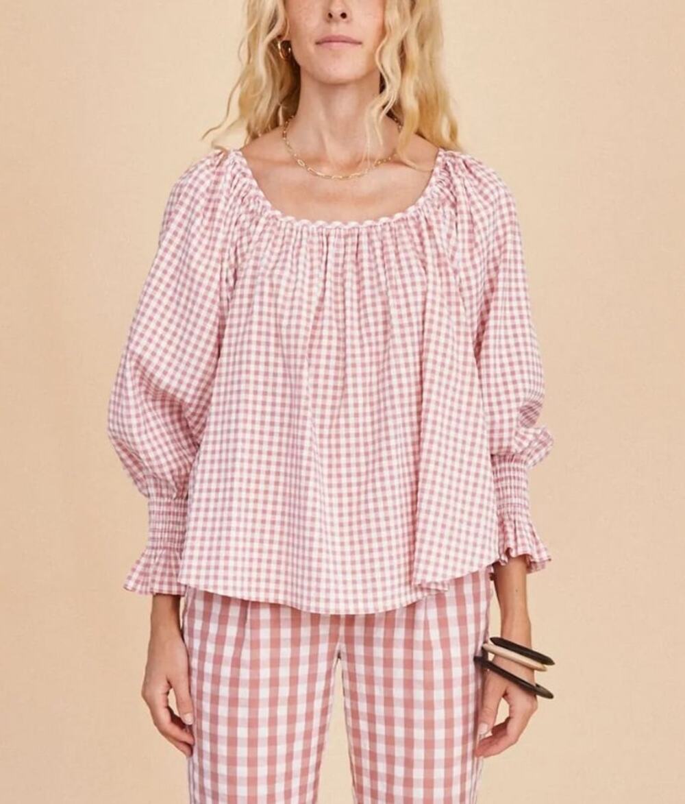 Hunter Bell Tuckernuck Rosette Gingham Lucia Scoop Neck Blouse Top 3/4 Sleeves